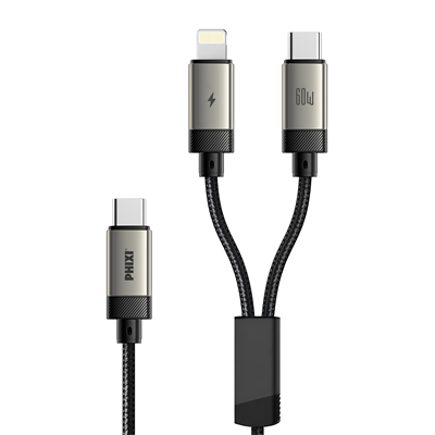 PHIXI Ultimate UPD4190 72W Dual Şarj Kablosu – Type-C ve Lightning Çift Çıkışlı Hasır Hızlı Şarj Kablosu
