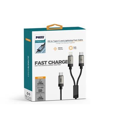 PHIXI Ultimate UPD4190 72W Dual Şarj Kablosu – Type-C ve Lightning Çift Çıkışlı Hasır Hızlı Şarj Kablosu