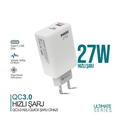 Phixi Ultimate UPD4225 27W PD Çift Çıkışlı Hızlı Şarj Adaptörü
