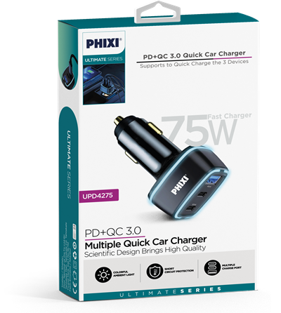Phixi UPD4275 Triple-Port 75W PD-Supported Car Charger