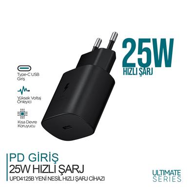 Ultimate Serisi UPD4125B 25W Type-C Girişli Hızlı Şarj Adaptörü Siyah