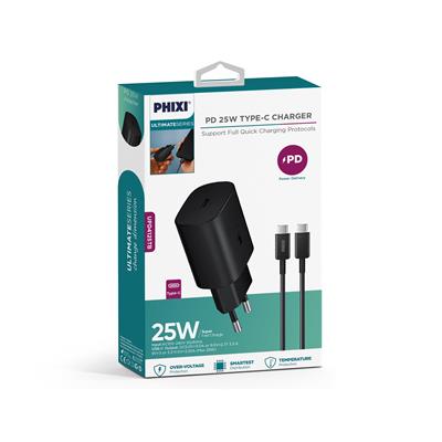 Ultimate Serisi UPD4125TB 25W Type-C Girişli Hızlı Şarj Adaptörü + Type-C Kablo Siyah