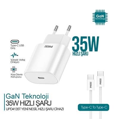 Ultimate Serisi UPD4135T 35W Type-C Girişli Yeni Nesil Hızlı Şarj Adaptörü + Type-C to Type-C Hasır Kablo