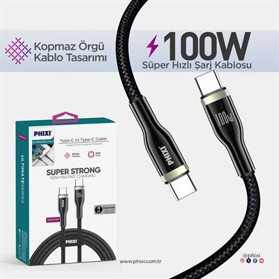 Ultimate Serisi UPD4170T Type-C to Type-C Hasır Siyah Kablo – 1 Metre, 100W Hızlı Şarj