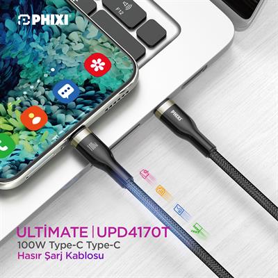 Ultimate Serisi UPD4170T Type-C to Type-C Hasır Siyah Kablo – 1 Metre, 100W Hızlı Şarj