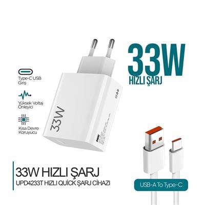 Ultimate Serisi UPD4233 33W Type-C Şarj Cihazı + USB-A Kablo – Fast Charge