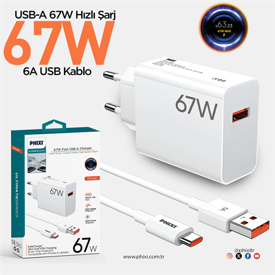 Ultimate Serisi UPD4267 67W Type-C Şarj Cihazı + USB-A Kablo – Fast Charge,