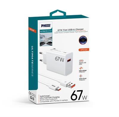 Ultimate Serisi UPD4267 67W Type-C Şarj Cihazı + USB-A Kablo – Fast Charge,