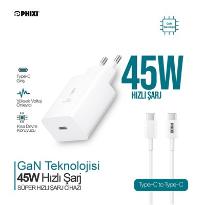 Ultimate Serisi UPD4345T Type-C to Type-C Siyah Şarj Cihazı 45W GaN Teknolojili