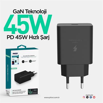 Ultimate Serisi UPD4345T Type-C to Type-C Siyah Şarj Cihazı 45W GaN Teknolojili