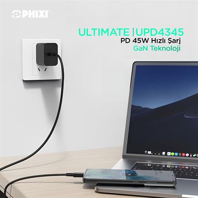 Ultimate Serisi UPD4345T Type-C to Type-C Siyah Şarj Cihazı 45W GaN Teknolojili