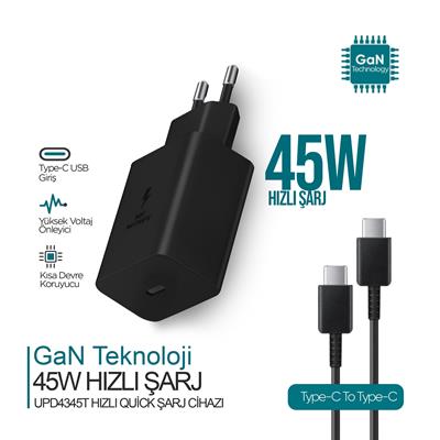 Ultimate Serisi UPD4345T Type-C to Type-C Siyah Şarj Cihazı 45W GaN Teknolojili