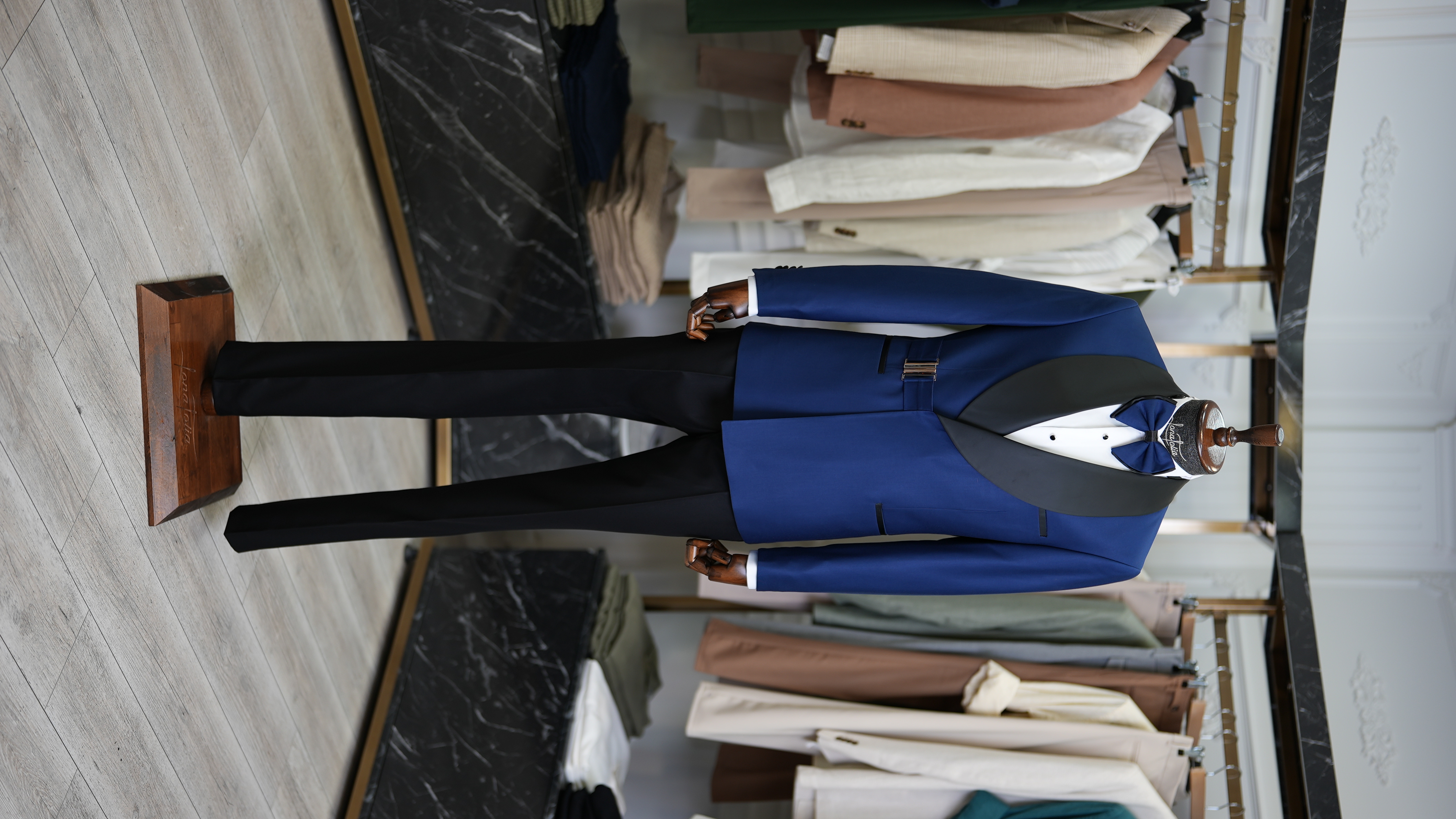 İtalyan Stil Smokin Damatlık Ceket Pantolon Papyon-Saks Mavisi