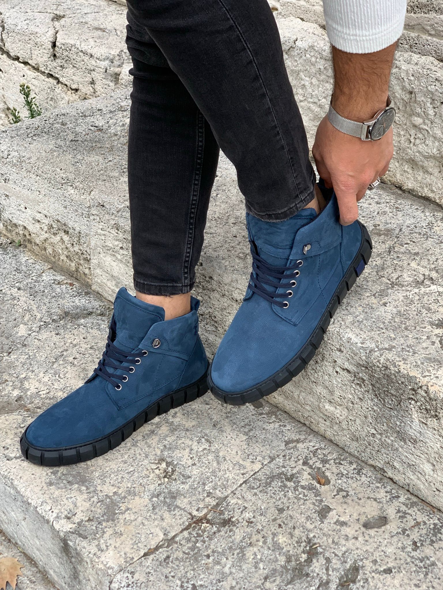 Bağcıklı Hakiki Deri Bot-Mavi