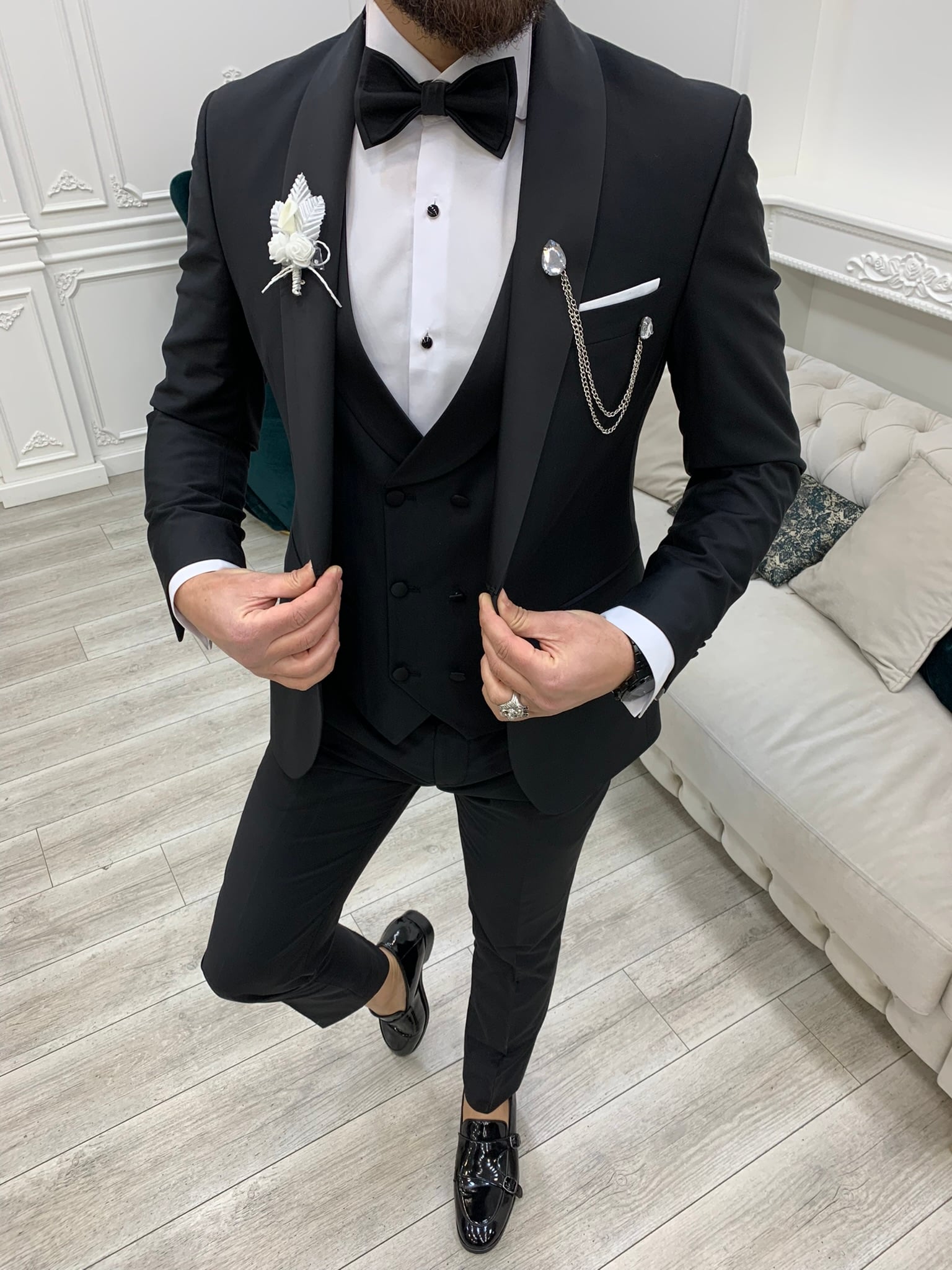 Giacca da sposo king size da smoking, gilet, pantaloni, papillon - Nero