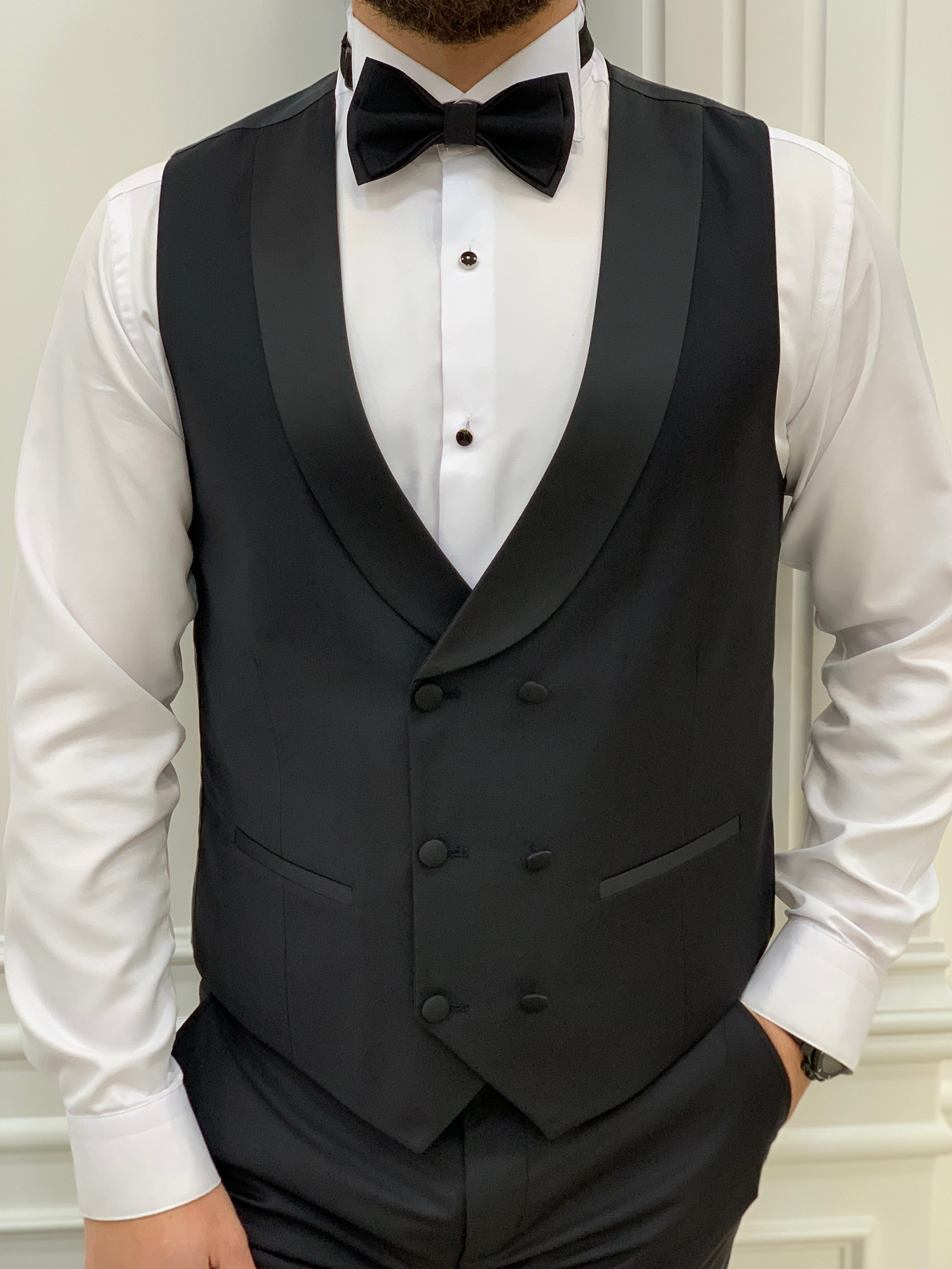 Giacca da sposo king size da smoking, gilet, pantaloni, papillon - Nero