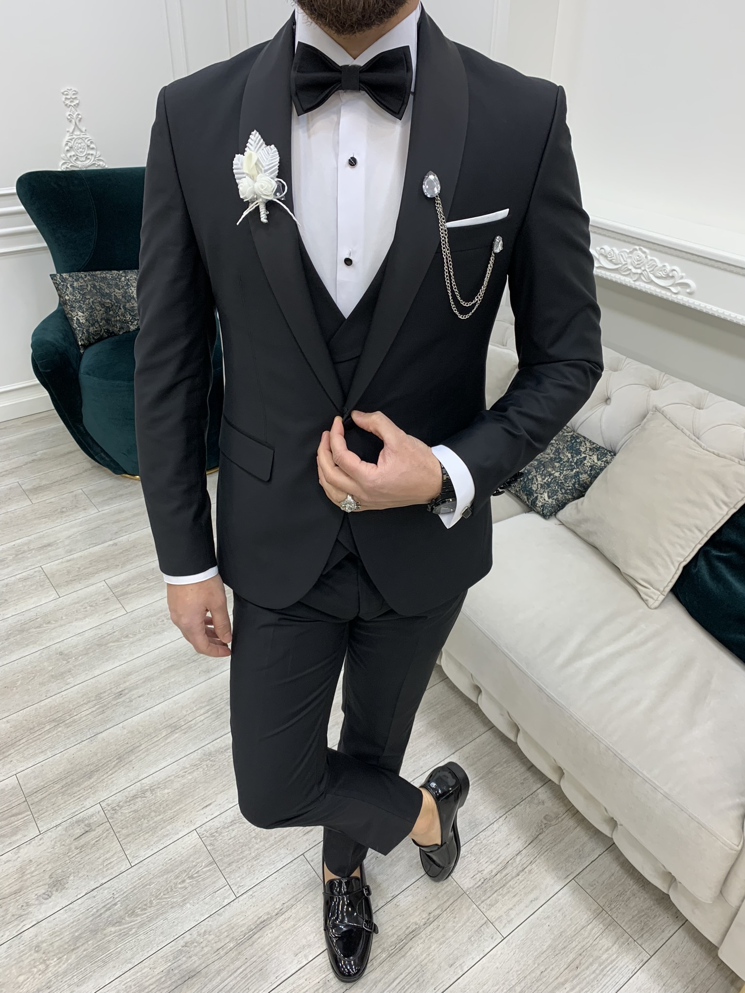 Giacca da sposo king size da smoking, gilet, pantaloni, papillon - Nero