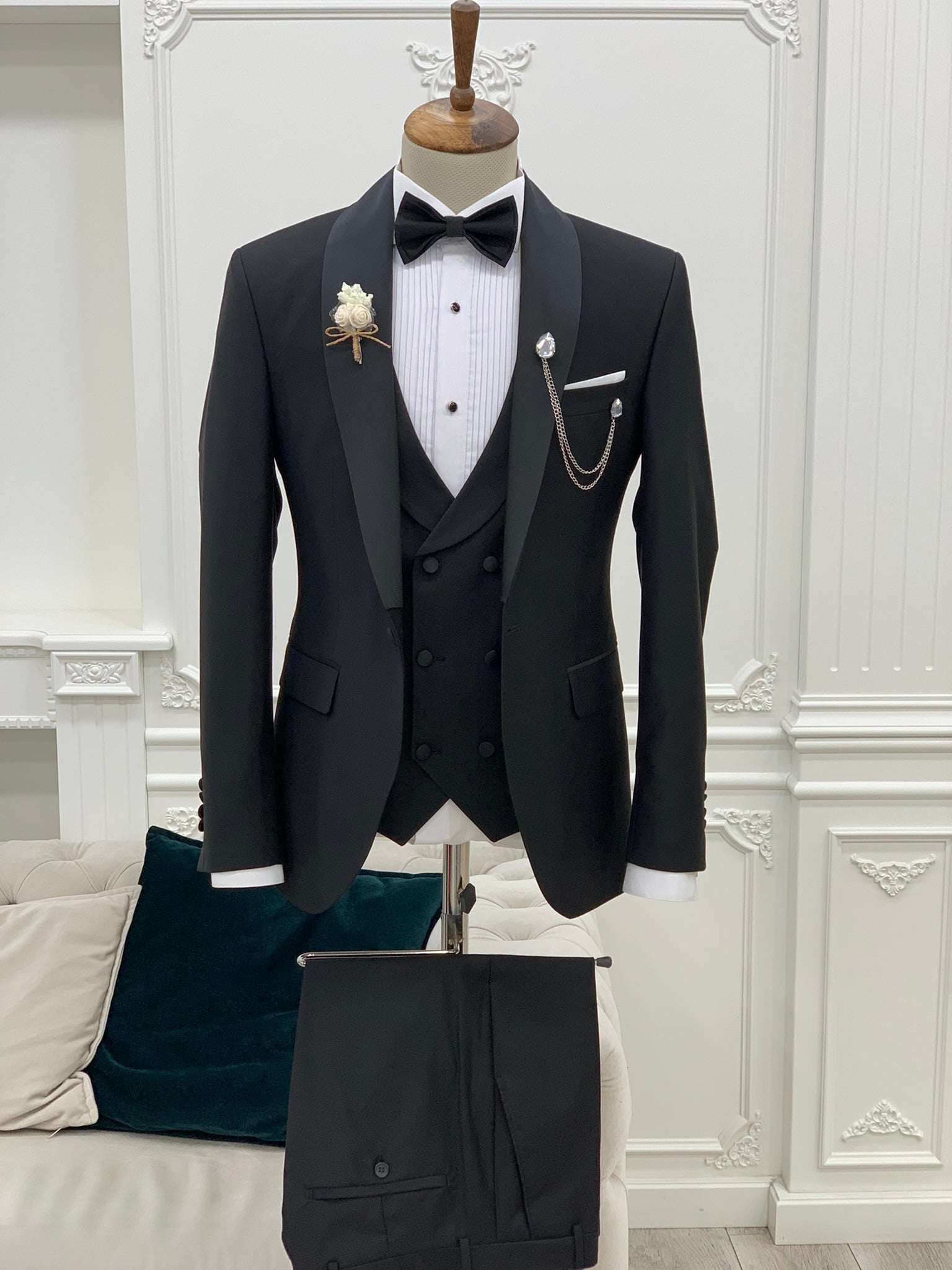 Giacca da sposo king size da smoking, gilet, pantaloni, papillon - Nero