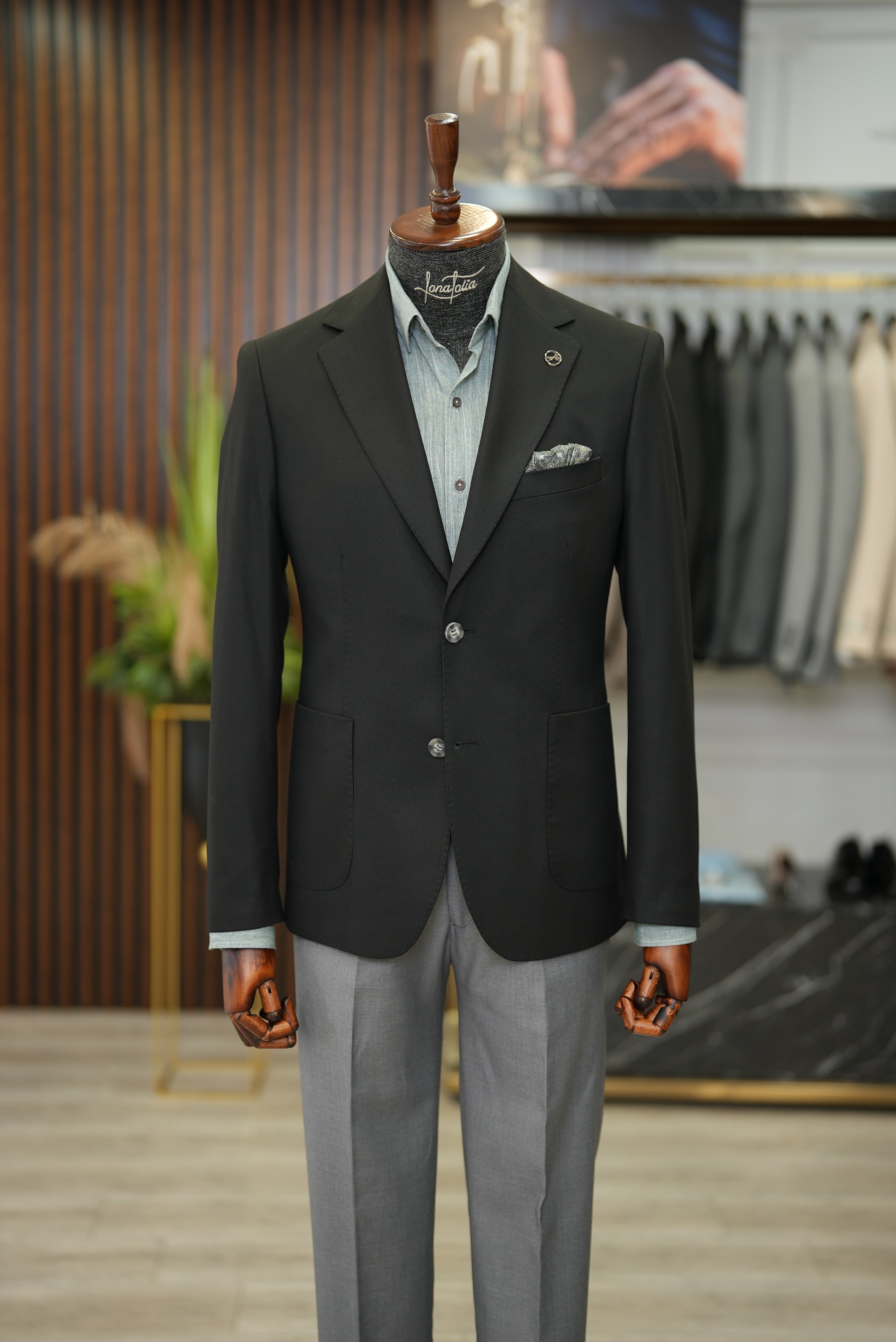 Erkek Ceket Mono Yaka Cep Yarım Astarlı  Slim fit İtalyan Stil - Siyah