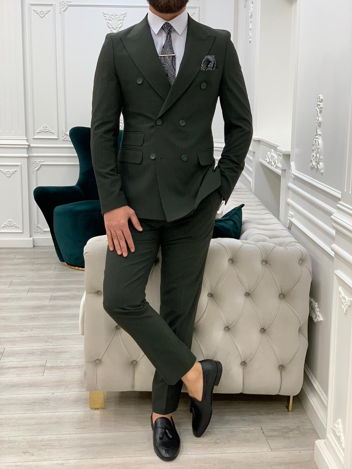 Pantaloni da giacca slim fit da uomo a righe doppiopetto con collo a rondine, taglio italiano - Verde