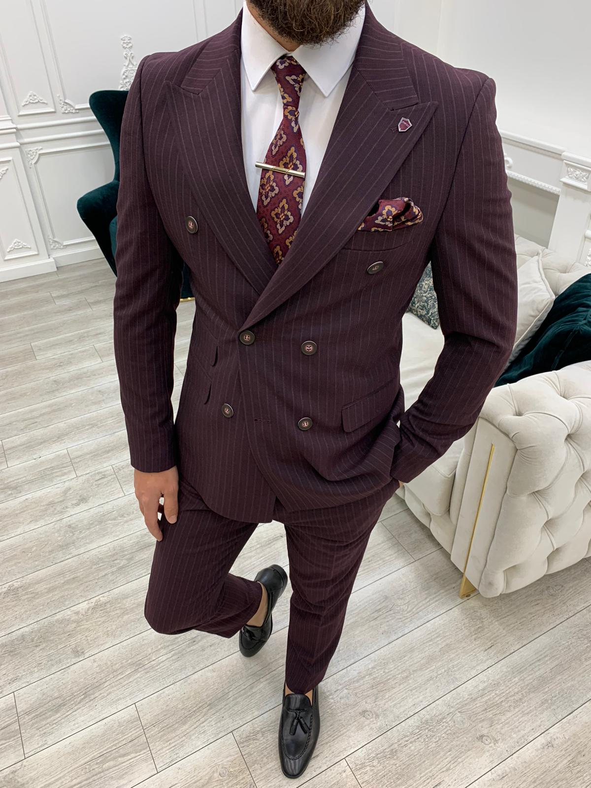 Pantaloni da giacca slim fit da uomo a righe doppiopetto con colletto a rondine, taglio italiano - Prugna