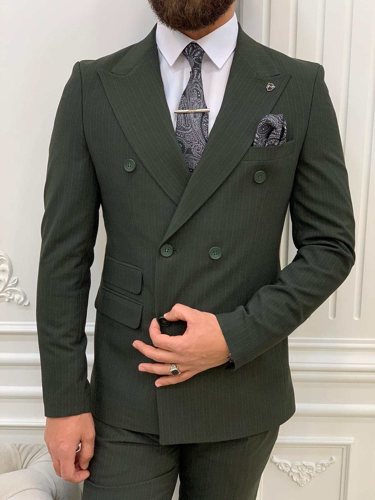 Pantaloni da giacca slim fit da uomo a righe doppiopetto con collo a rondine, taglio italiano - Verde