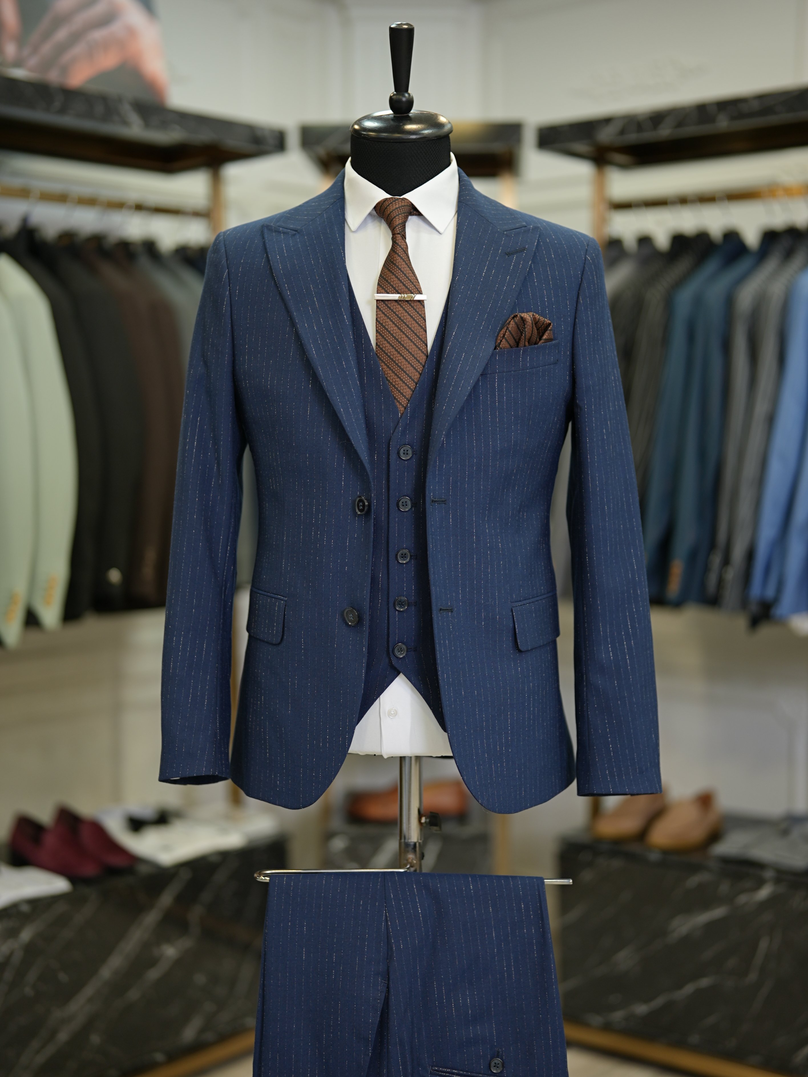 Erkek Çizgili Takım Elbise Kırlangıç Yaka İtalyan Stil Slim Fit Ceket Yelek Pantolon-Koyu-Lacivert