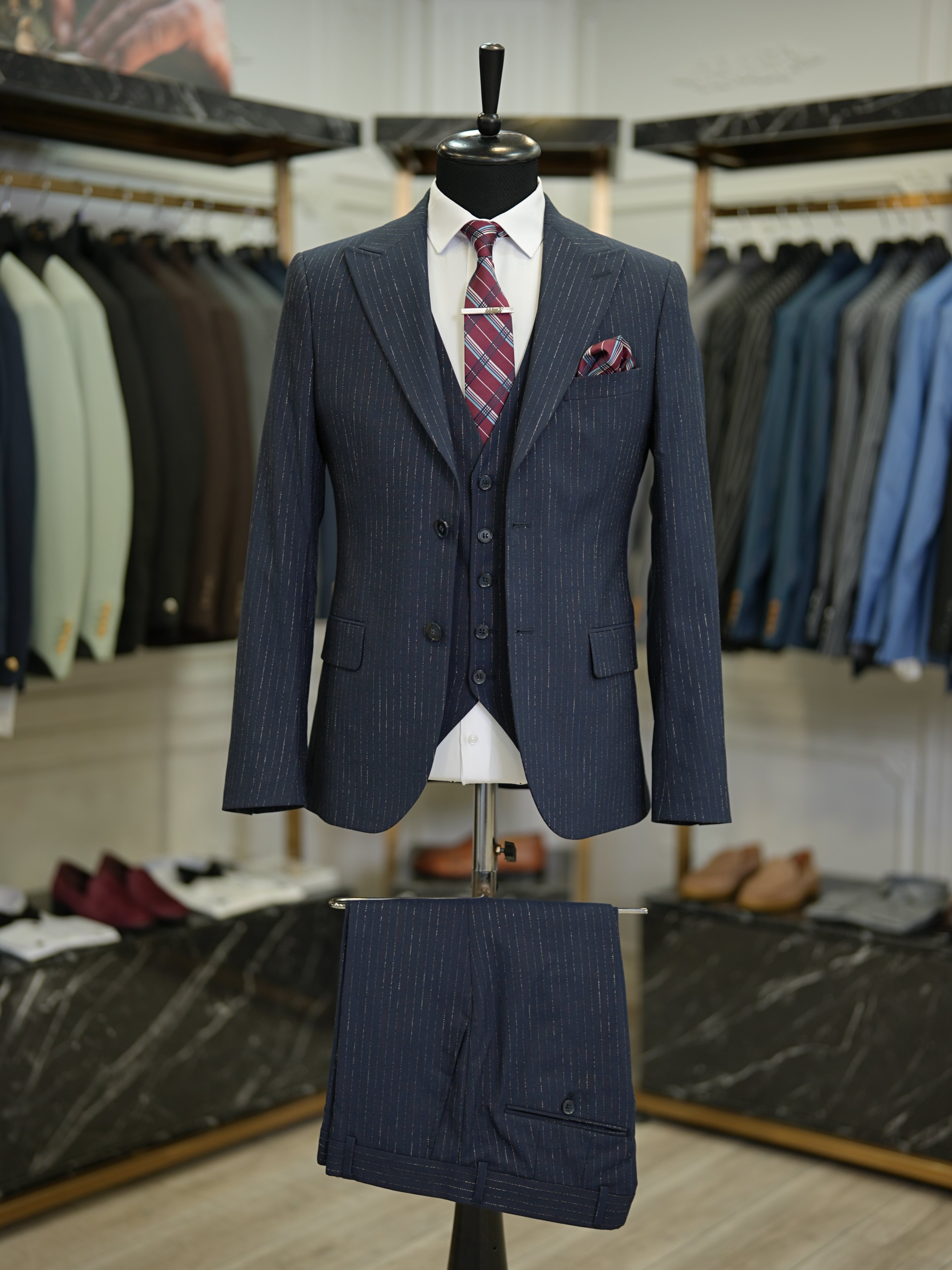 Abito da uomo a righe con colletto a rondine stile italiano giacca slim fit gilet pantaloni - Scuro - Blu navy scuro