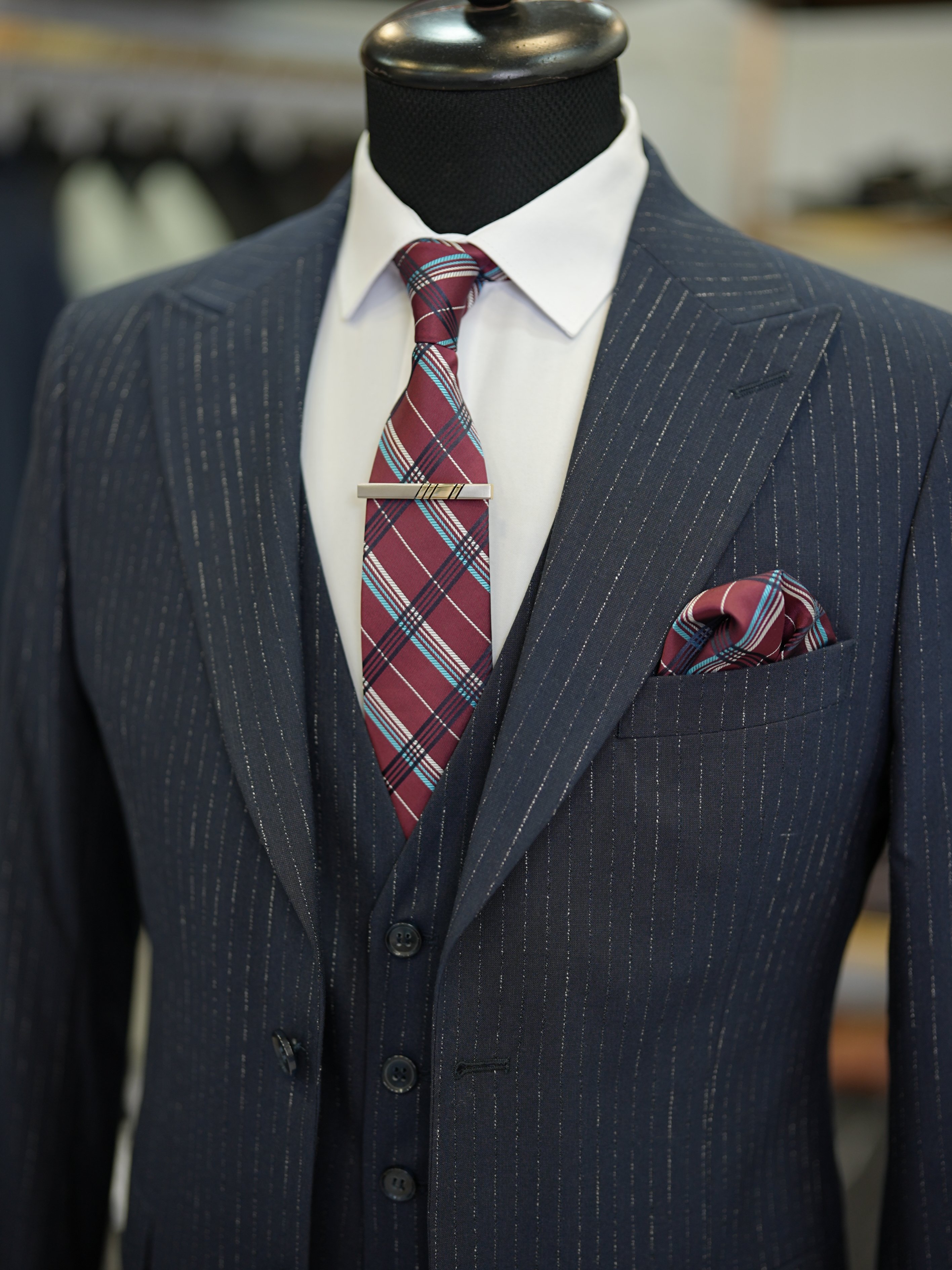 Abito da uomo a righe con colletto a rondine stile italiano giacca slim fit gilet pantaloni - Scuro - Blu navy scuro
