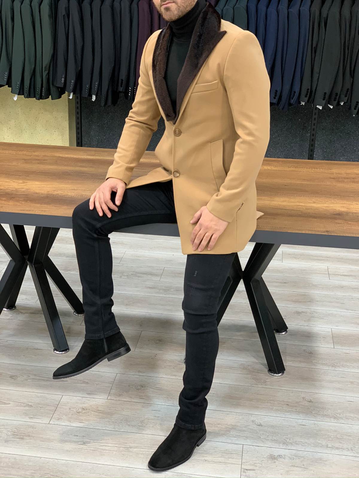 Erkek İtalyan Stil Kürklü Slim Fit Kaban-Taba
