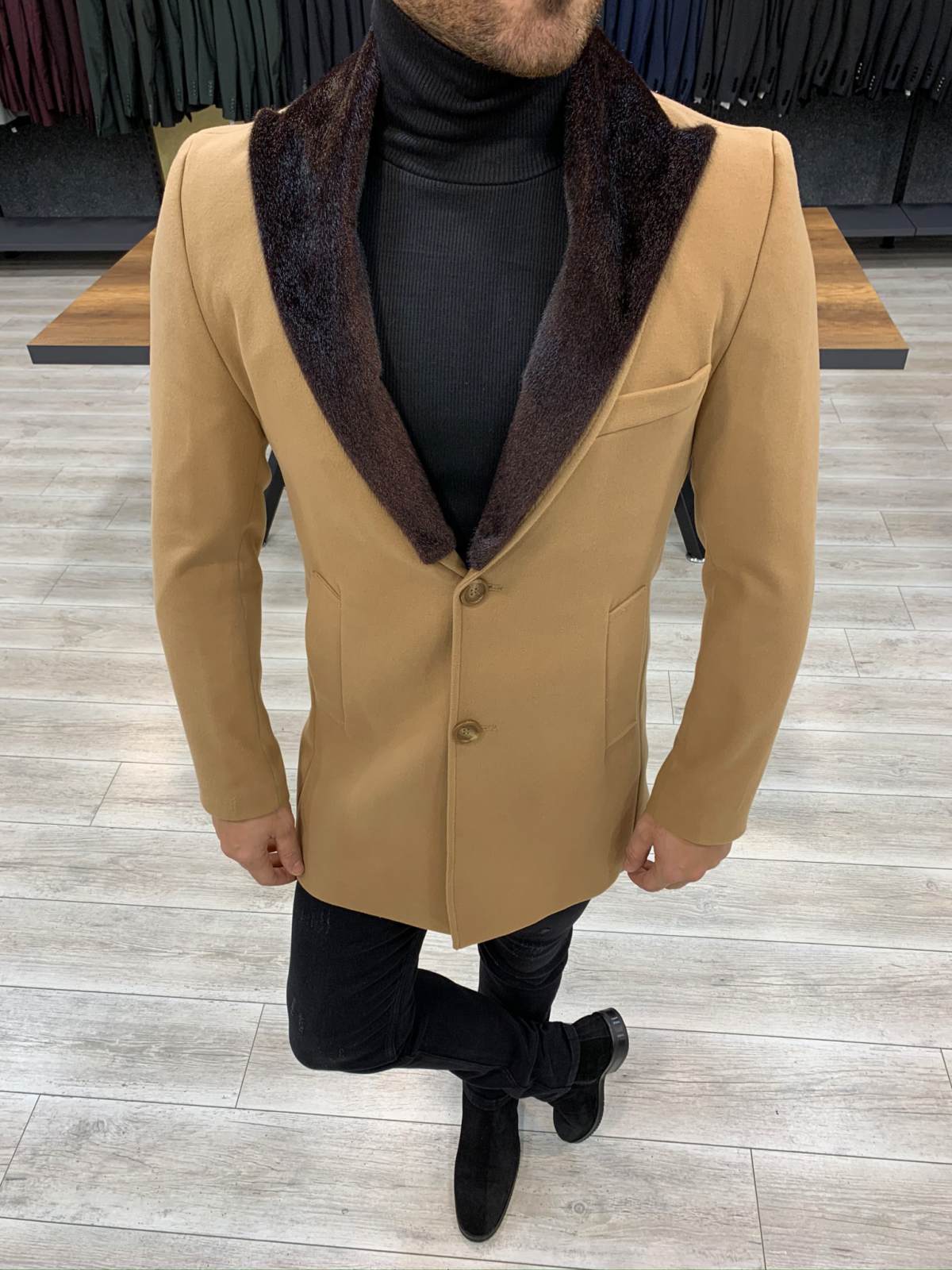 Erkek İtalyan Stil Kürklü Slim Fit Kaban-Taba