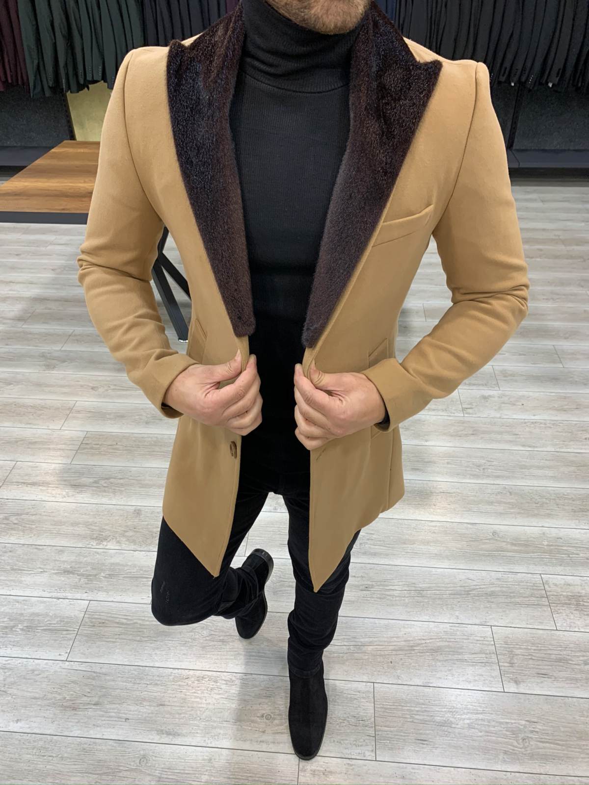 Erkek İtalyan Stil Kürklü Slim Fit Kaban-Taba