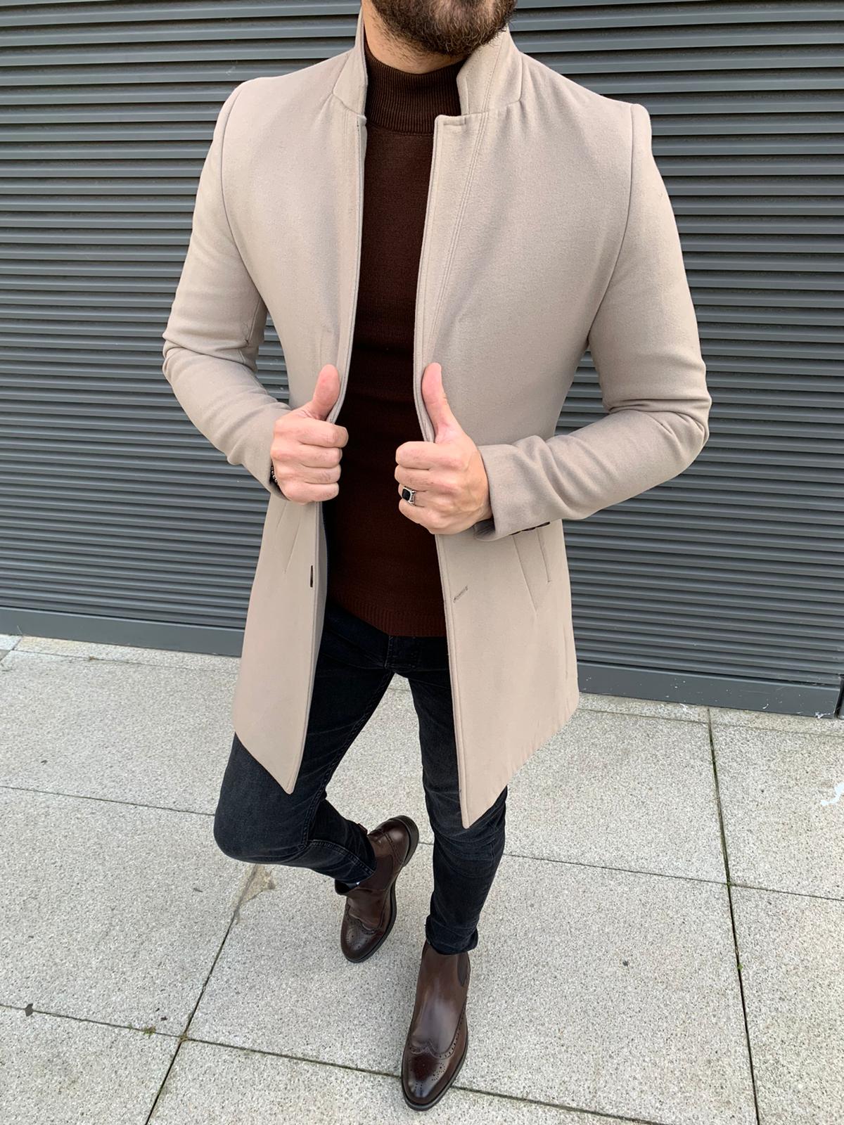 Erkek İtalyan Stil Slim Fit Kaban-Bej