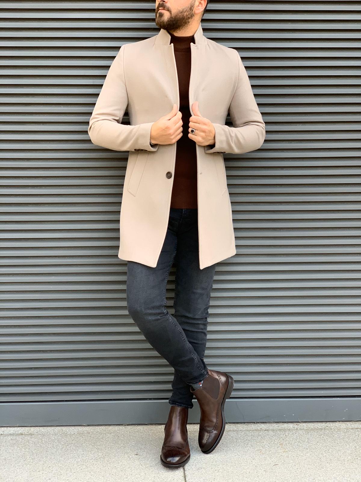 Erkek İtalyan Stil Slim Fit Kaban-Bej