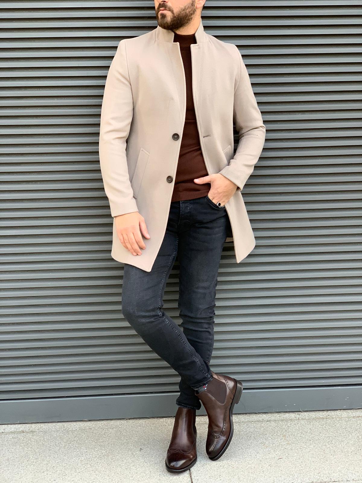 Erkek İtalyan Stil Slim Fit Kaban-Bej