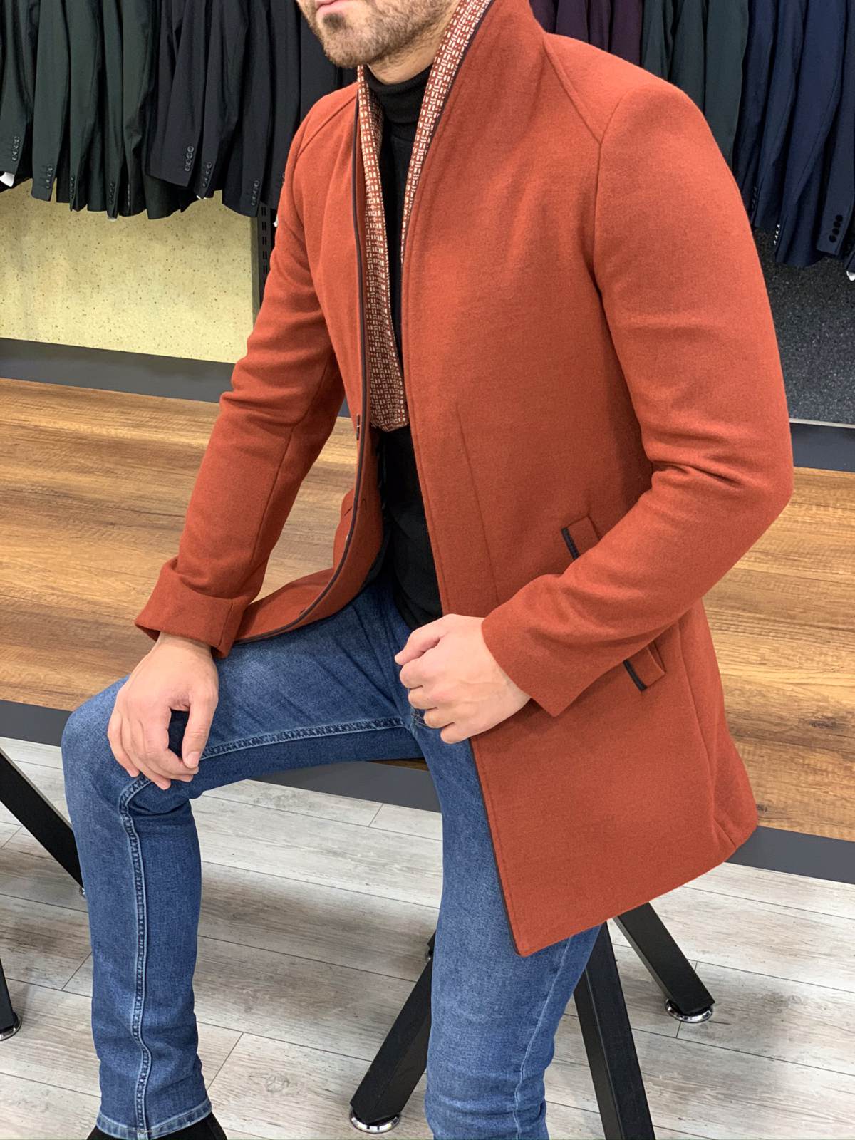Erkek İtalyan Stil Slim Fit Kaban-Kiremit