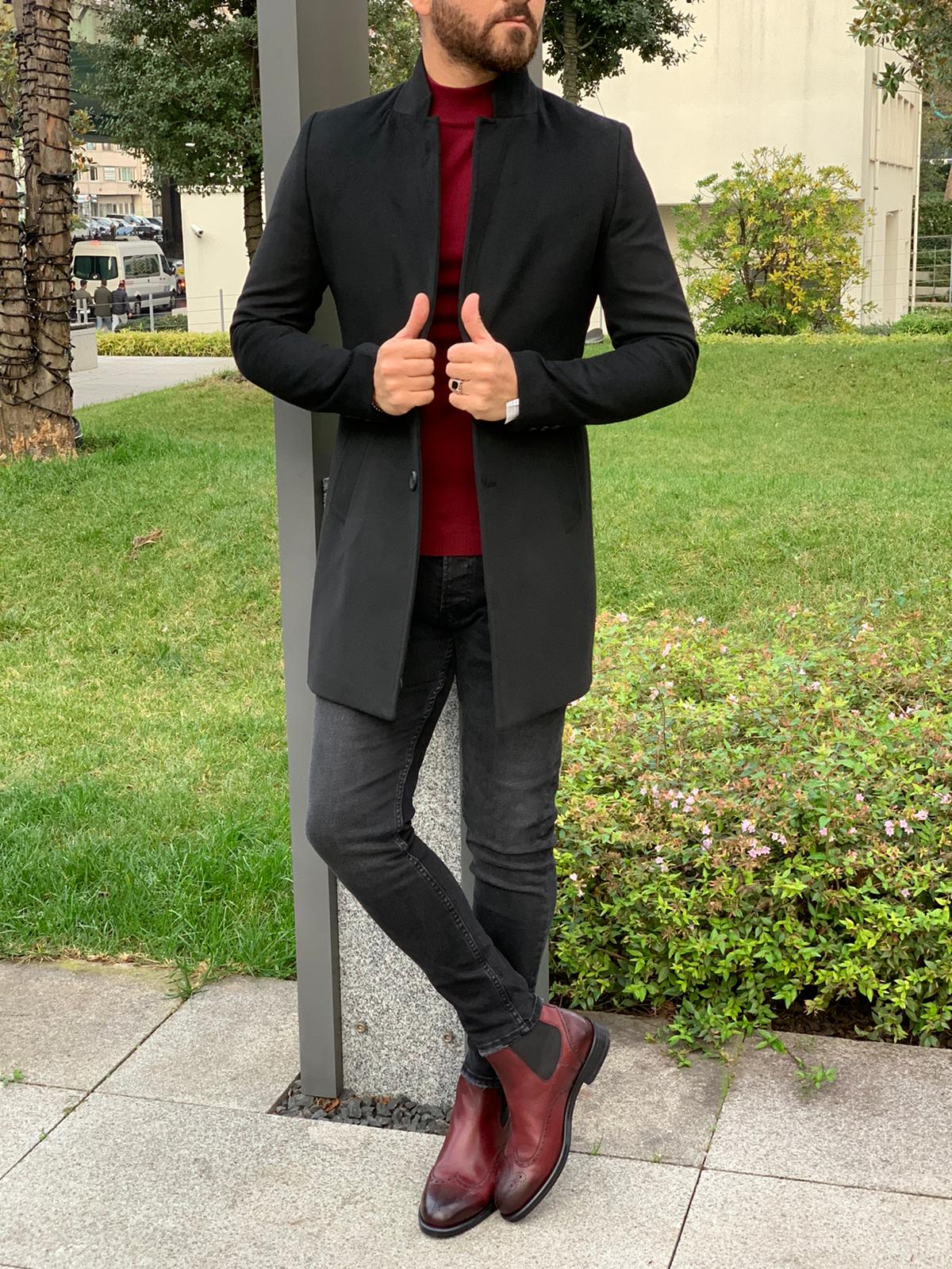 Erkek İtalyan Stil Slim Fit Kaban-Siyah
