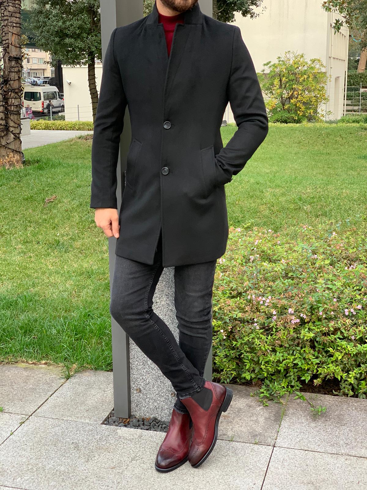 Erkek İtalyan Stil Slim Fit Kaban-Siyah