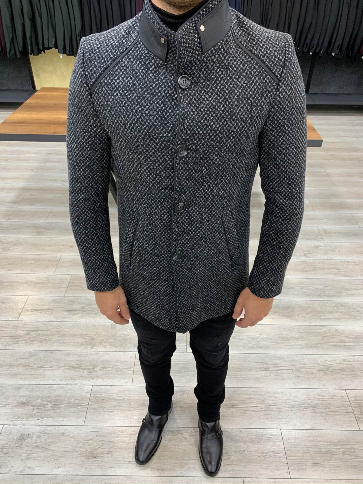 Erkek İtalyan Stil Slim Fit Kaban-Siyah