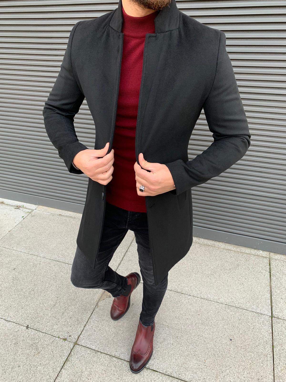 Erkek İtalyan Stil Slim Fit Kaban-Siyah