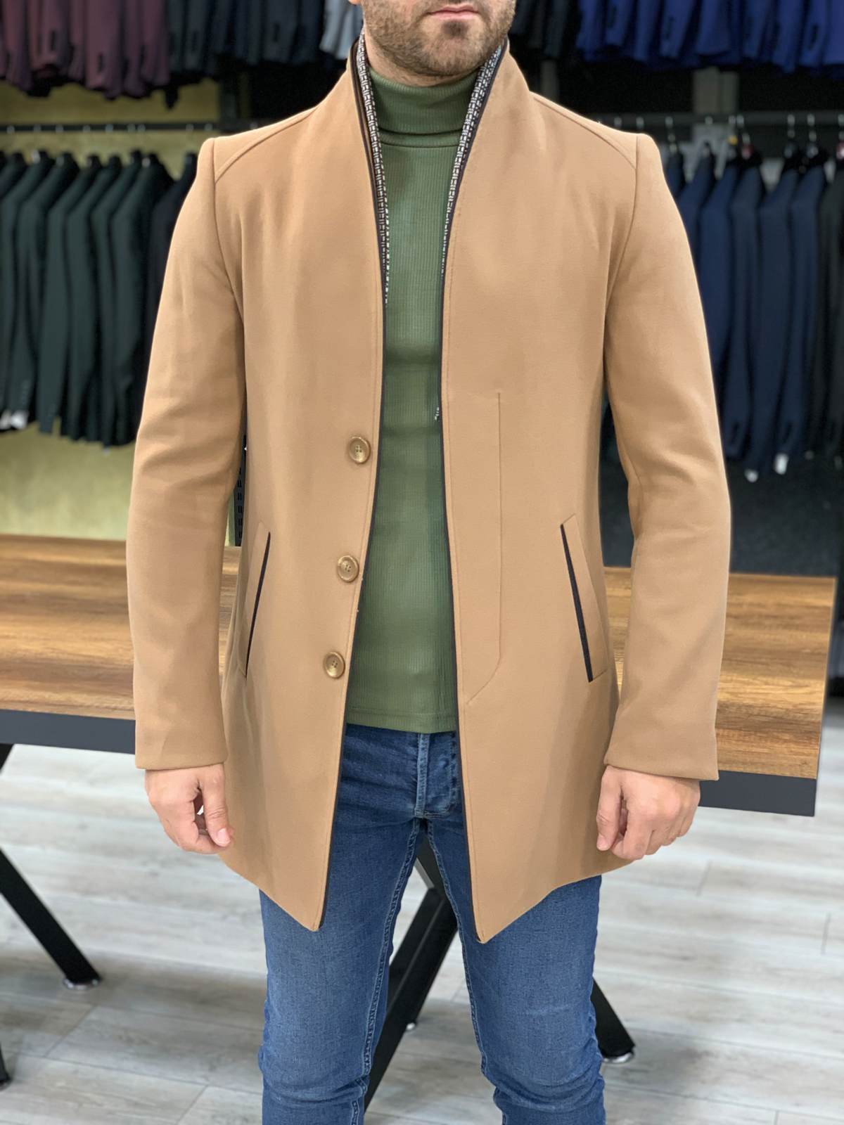Erkek İtalyan Stil Slim Fit Kaban-Taba