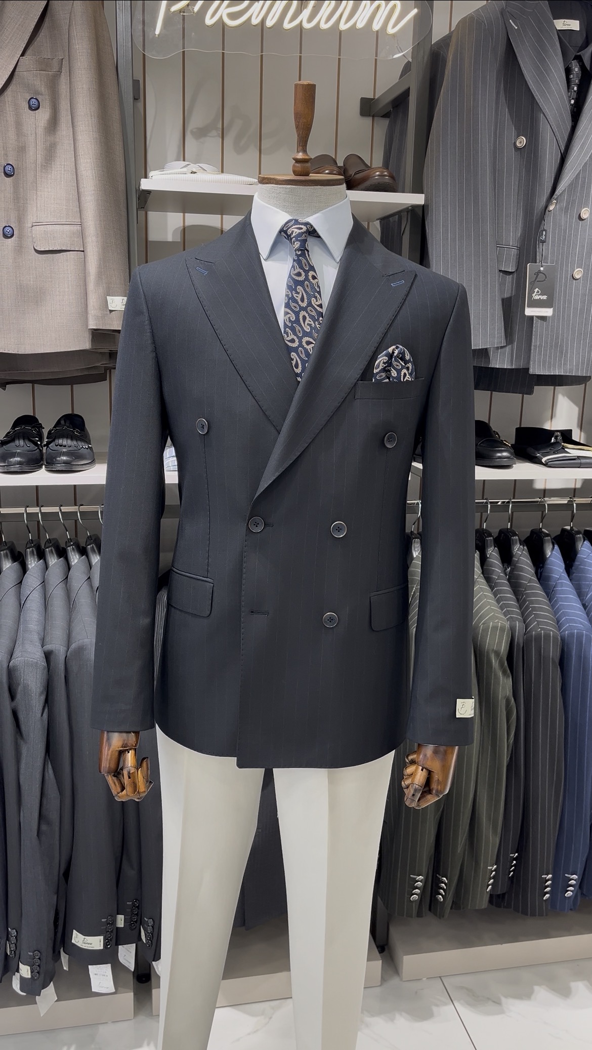 Erkek Kruvaze Premium İtalyan Stil Slim Fit Çizgili Ceket - Lacivert