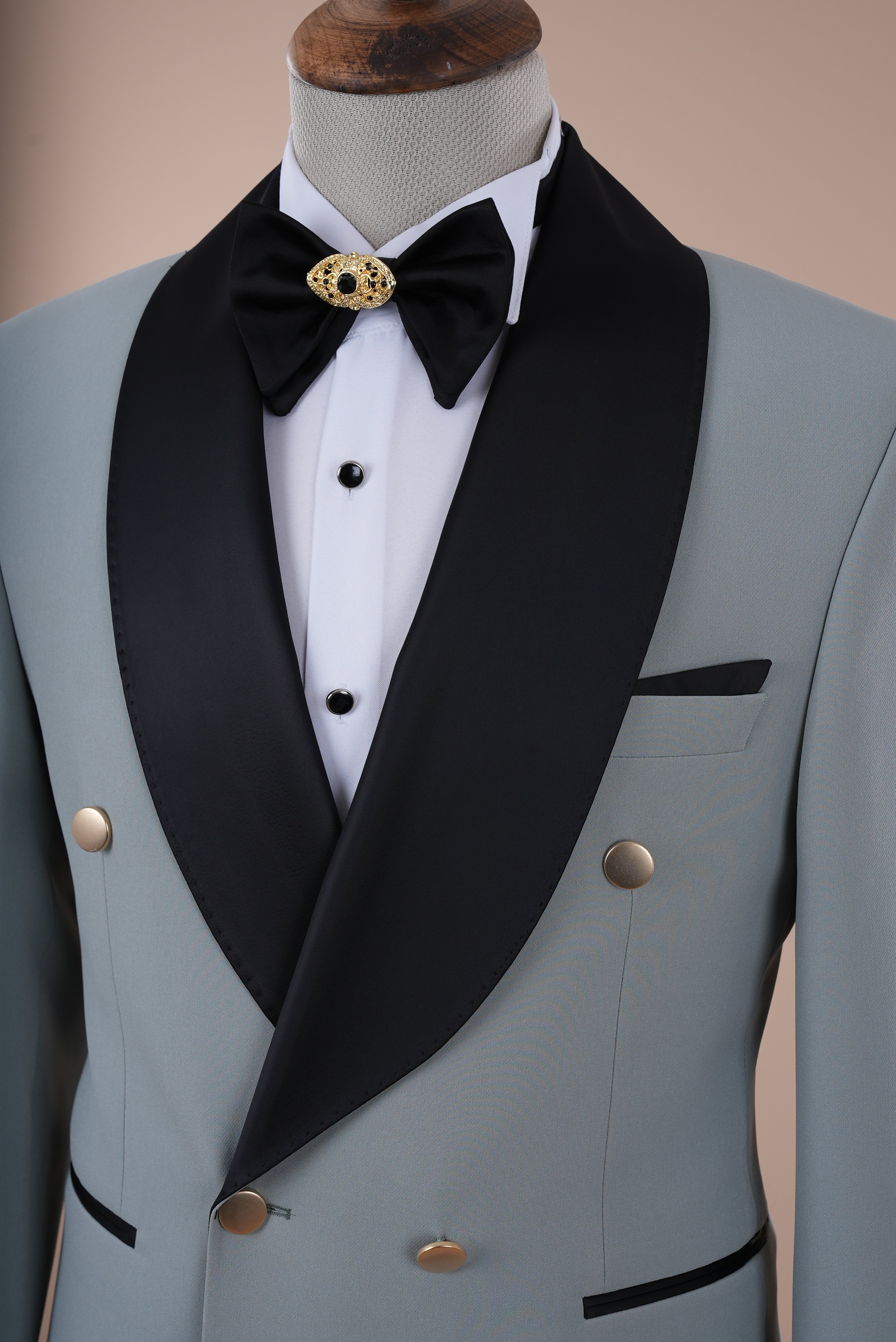 Erkek Kruvaze Şal Yaka Damatlık Kol Manşetli Metal Düğme Slim fit İtalyan Stil Ceket Pantolon Papyon - Su Yeşili