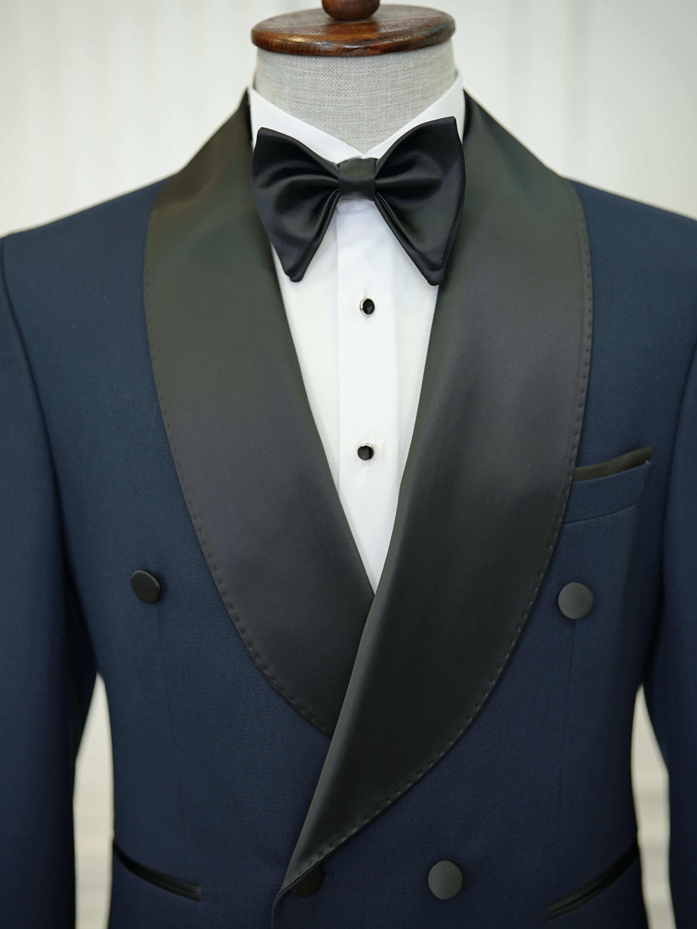 Erkek Kruvaze Smokin Damatlık Manşet Kollu Şall Yaka İtalyan Stil Slim Fit Ceket Pantolon Papyon-Lacivert