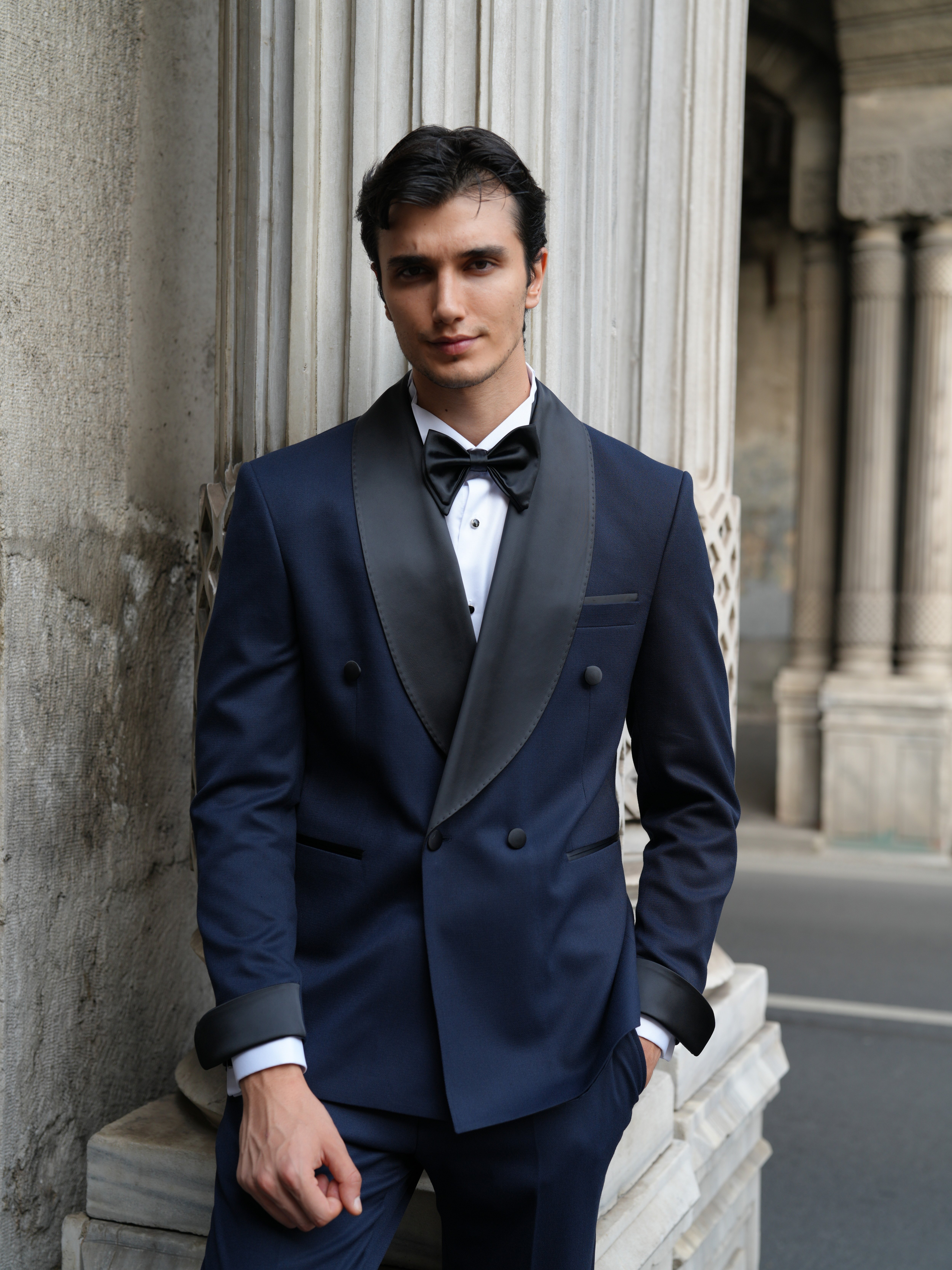 Erkek Kruvaze Smokin Damatlık Manşet Kollu Şall Yaka İtalyan Stil Slim Fit Ceket Pantolon Papyon-Lacivert