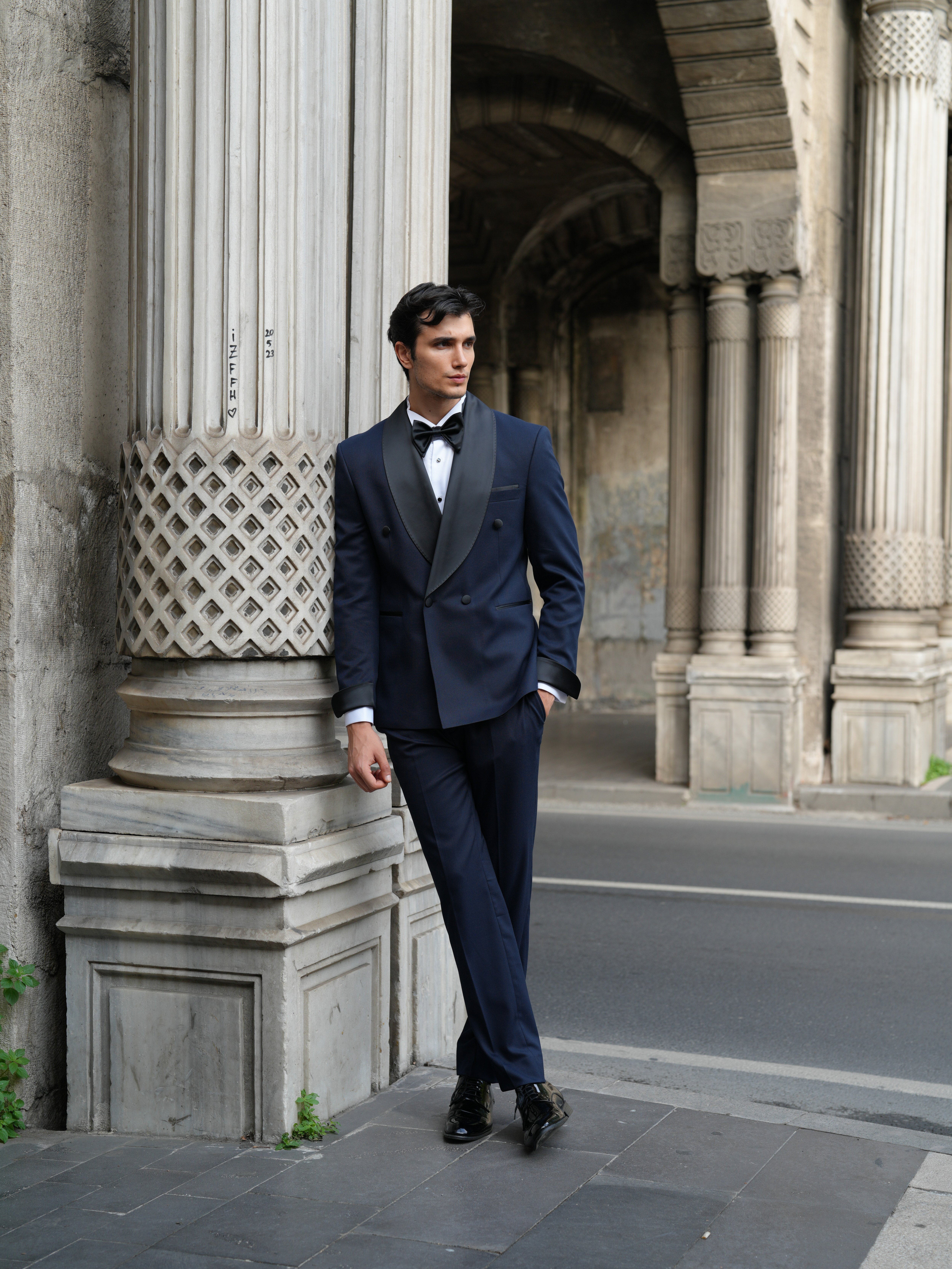 Erkek Kruvaze Smokin Damatlık Manşet Kollu Şall Yaka İtalyan Stil Slim Fit Ceket Pantolon Papyon-Lacivert