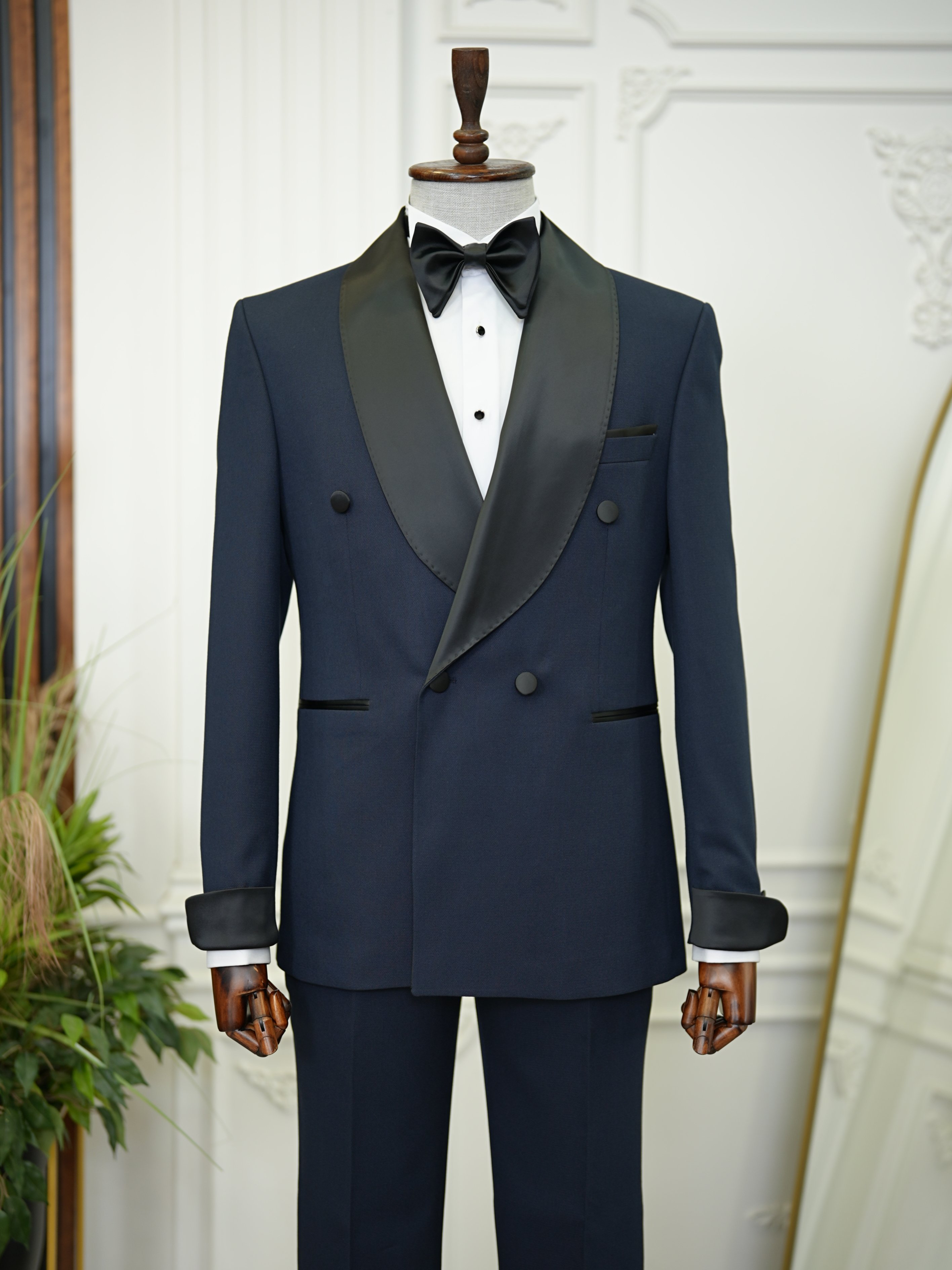Erkek Kruvaze Smokin Damatlık Manşet Kollu Şall Yaka İtalyan Stil Slim Fit Ceket Pantolon Papyon-Lacivert