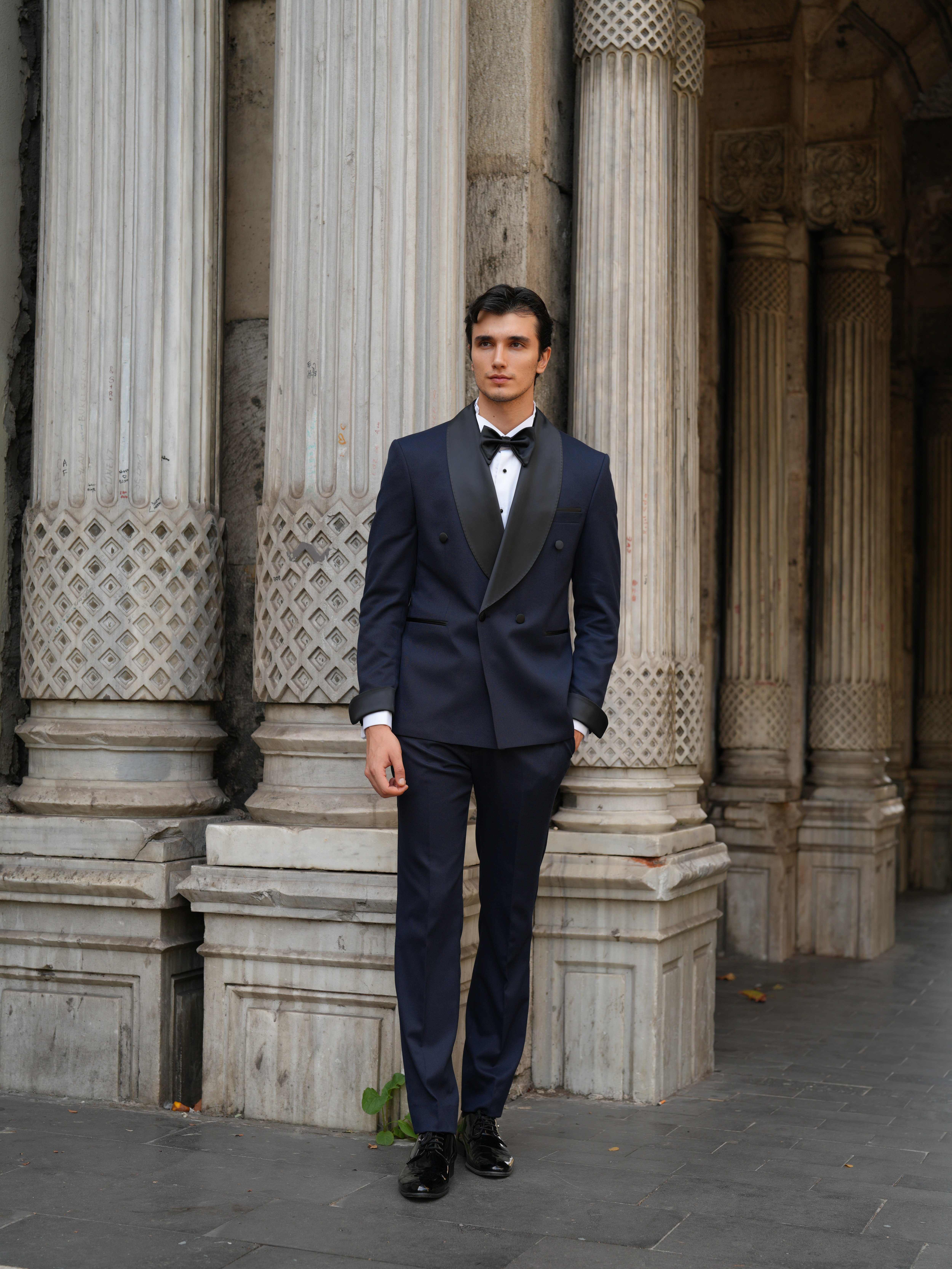 Erkek Kruvaze Smokin Damatlık Manşet Kollu Şall Yaka İtalyan Stil Slim Fit Ceket Pantolon Papyon-Lacivert