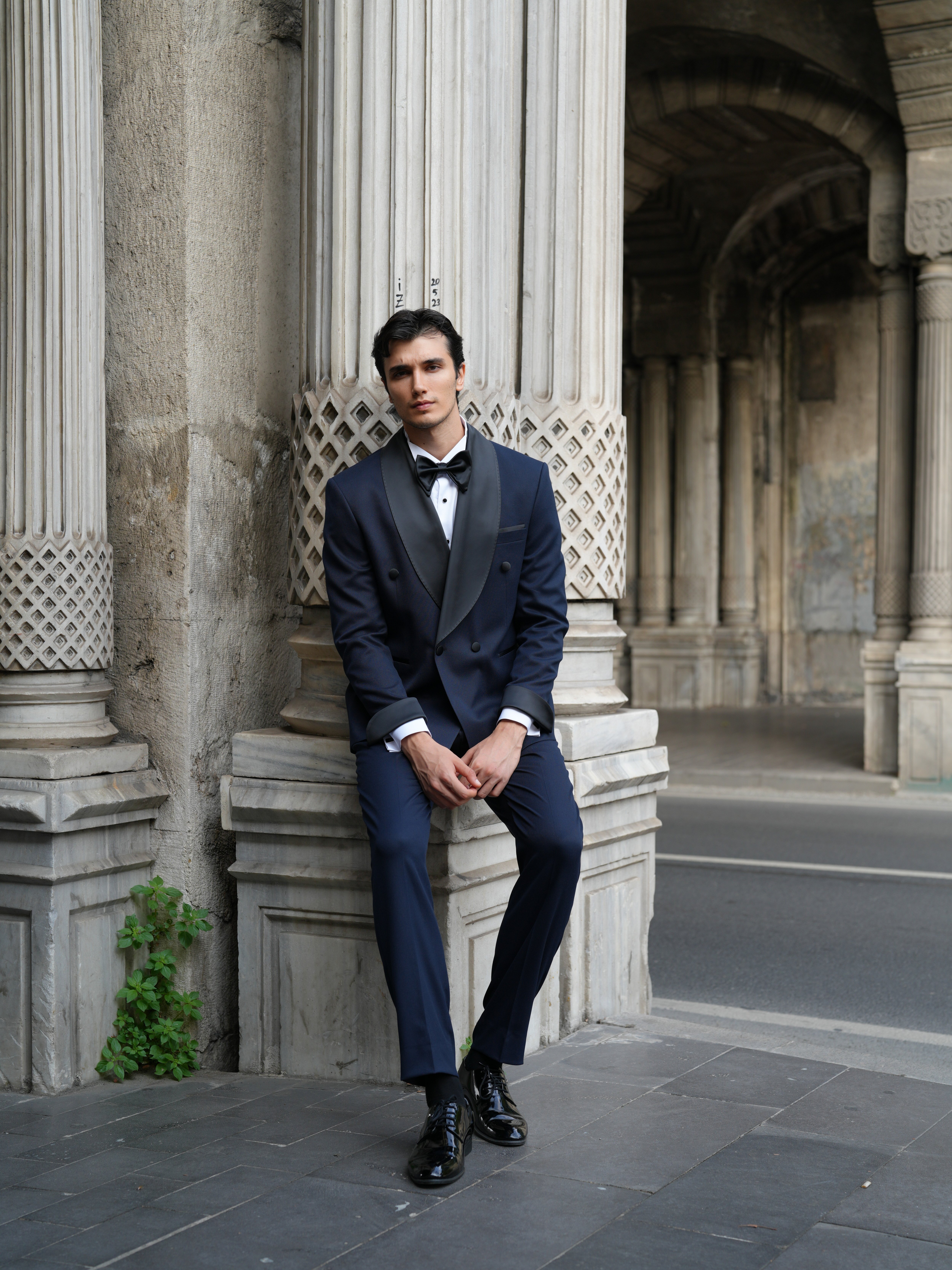 Erkek Kruvaze Smokin Damatlık Manşet Kollu Şall Yaka İtalyan Stil Slim Fit Ceket Pantolon Papyon-Lacivert