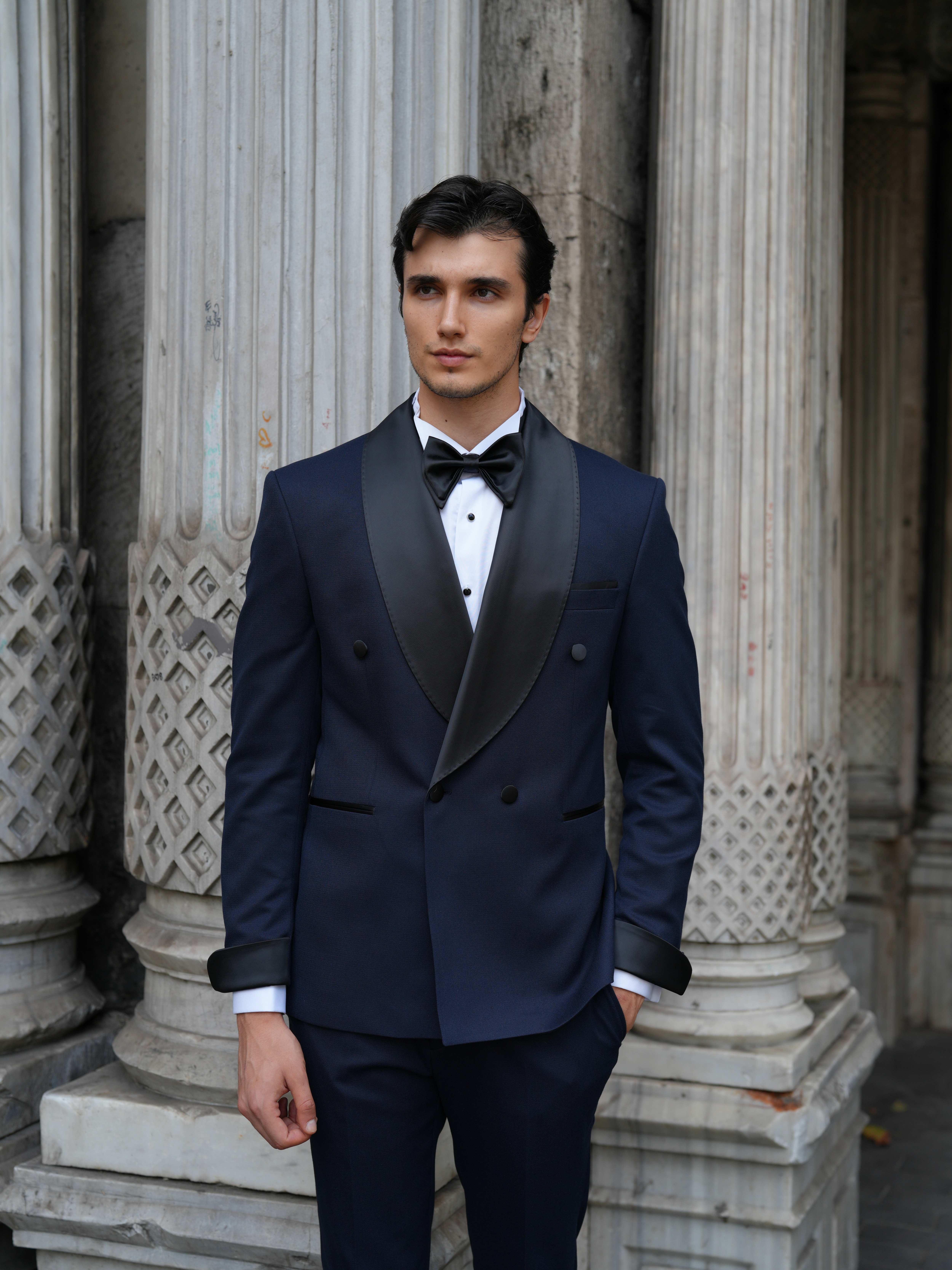 Erkek Kruvaze Smokin Damatlık Manşet Kollu Şall Yaka İtalyan Stil Slim Fit Ceket Pantolon Papyon-Lacivert